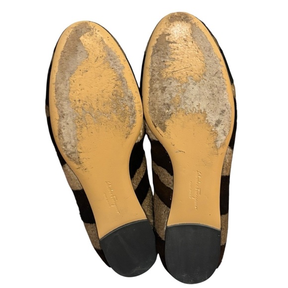 Salvatore Ferragamo ballet flats Varina calf hair tan brown stripe bow 6 US - Picture 8 of 11